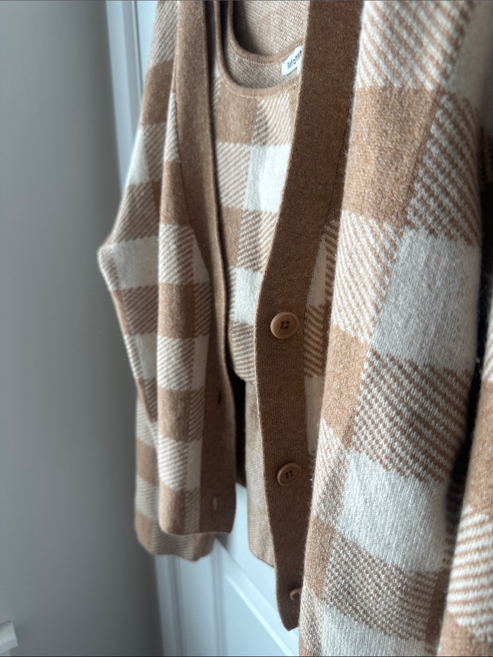 Reformation Tan and Cream Plaid Knit Cardigan & Tank Set - Picture 2 of 7